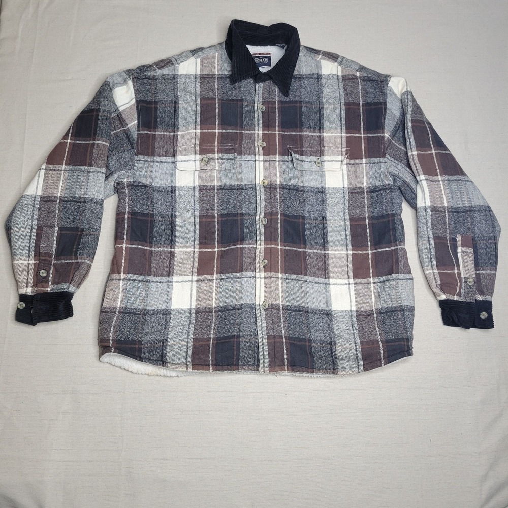 Koman Sherpa Lined Flannel Jacket Men's XXL Plaid Brown Gray Workwear Jacket